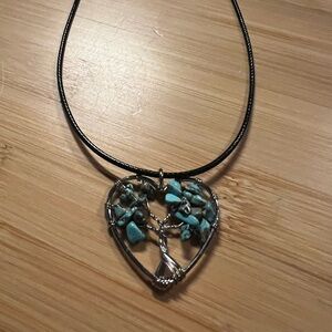 Turquoise Tree of Life Heart Pendant Necklace on Black Cord
